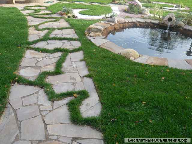 Укладка природного камня и тротуарной плитки на дорожках, площадках, отмостке, автостоянке