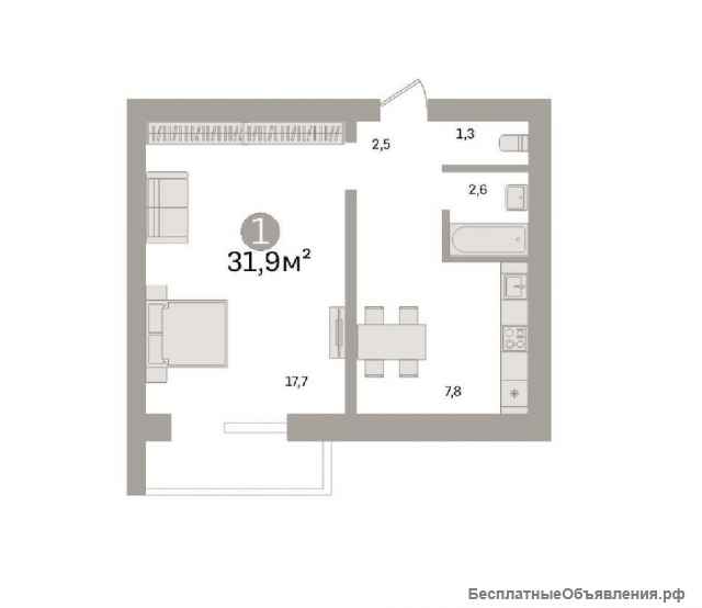 1 комн.кв 32 м² этаж 1/10
