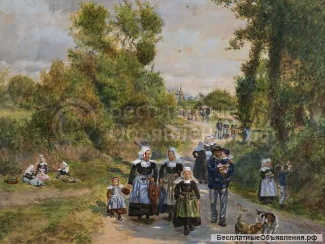 Старинная шкатулка «Возвращение с мессы» с оригинала картины Люсьена Гро. Франция, конец XIX века.