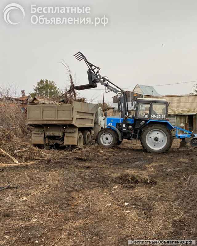 Вспашка земли плугом и почвофрезой МТЗ 82.1