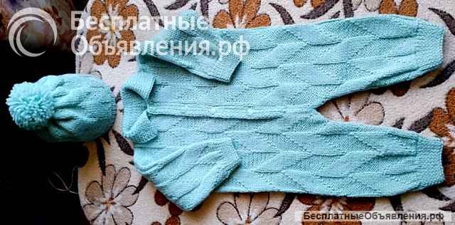 Вязаный комбинезон и шапочка 100% шерсть на 7-12 мес