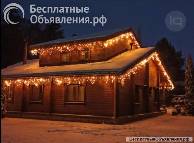 Новогоднее освещение домов, украшение дома к Новому году гирляндами, бахромой и неонов