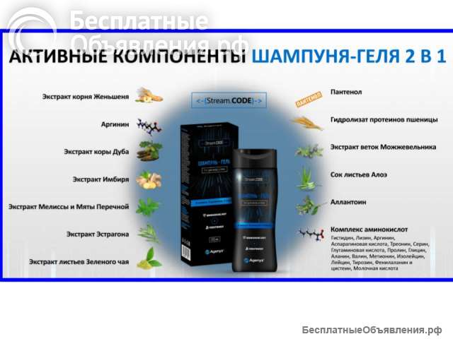 Мужской шампунь-гель 2 в 1 для волос и тела Stream.CODE
