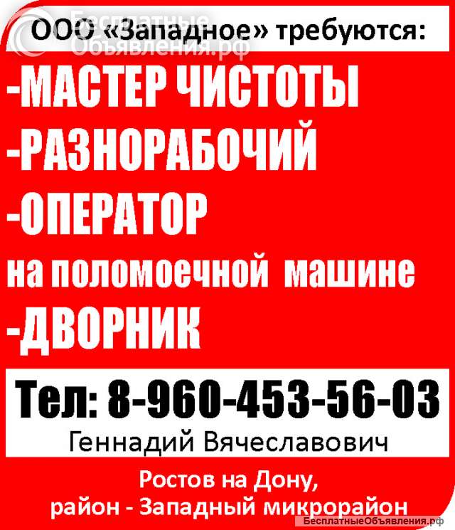 Мастер чистоты Разнорабочий Оператор на поломоечной машине