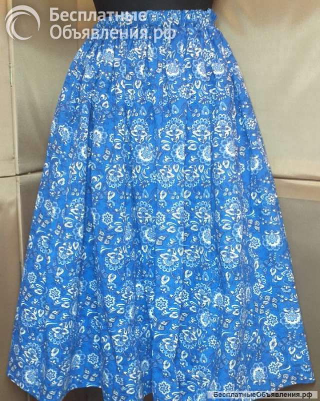 Юбка, р.42, хлопковая, гжель на синем
