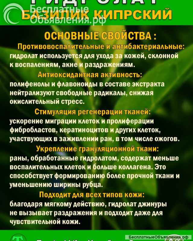 Гидролат Кипрского Базилика. ProGynuru. С наносеребром.