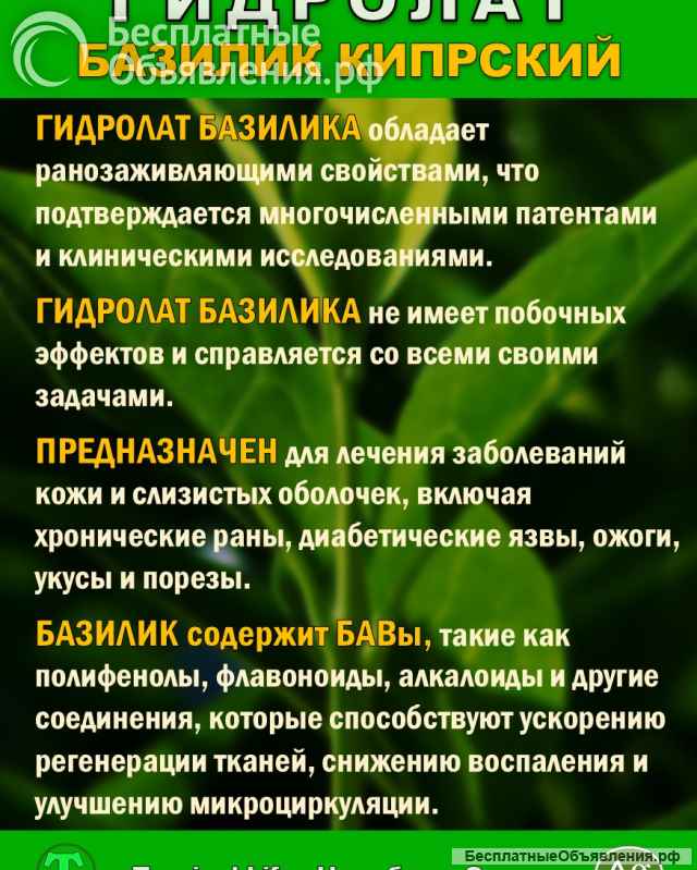 Гидролат Кипрского Базилика. ProGynuru. С наносеребром.