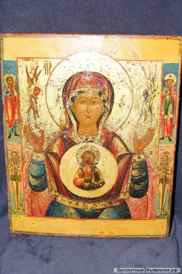 Образ Матери Божьей ЗНАМЕНИЕ (Оранта) с предстоящими святыми в старинном киоте. Россия, сер. XIX в.