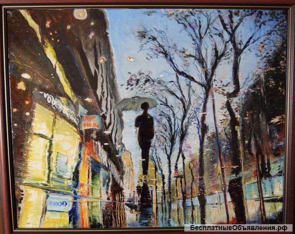 Картина "Городской пейзаж (девушка под зонтом)"