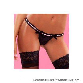 Стринги, черные с розовой тесьмой-пояском- Coquette
