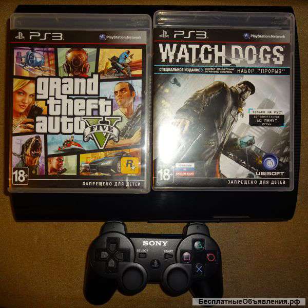 PS3 Super Slim 500Гб + Gta5, Watch Dogs