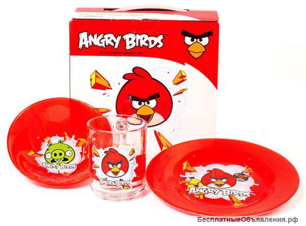 Фирменный детский набор из стекла"Angry birds"(3пр)