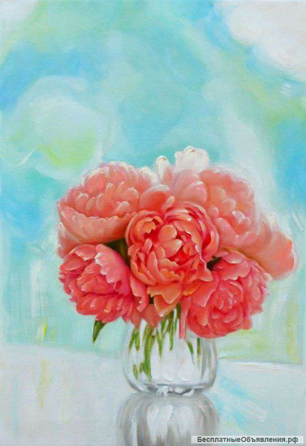 Картина маслом "Пионы на окне"