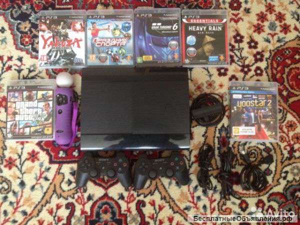 Sony playstation 3 super slim 500gb+2джостика+6игр+move-камера к ней джостик с чехлом