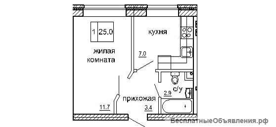 1-к квартира, 25 м2, 1/3 эт