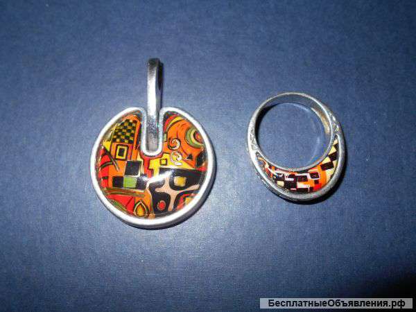 Оригинальный комплект - кулон и кольцо (серебро, финифть)