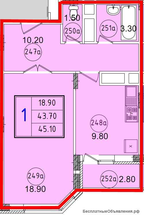 1к.кв новостройка 45,10 м2 в Красноармейске
