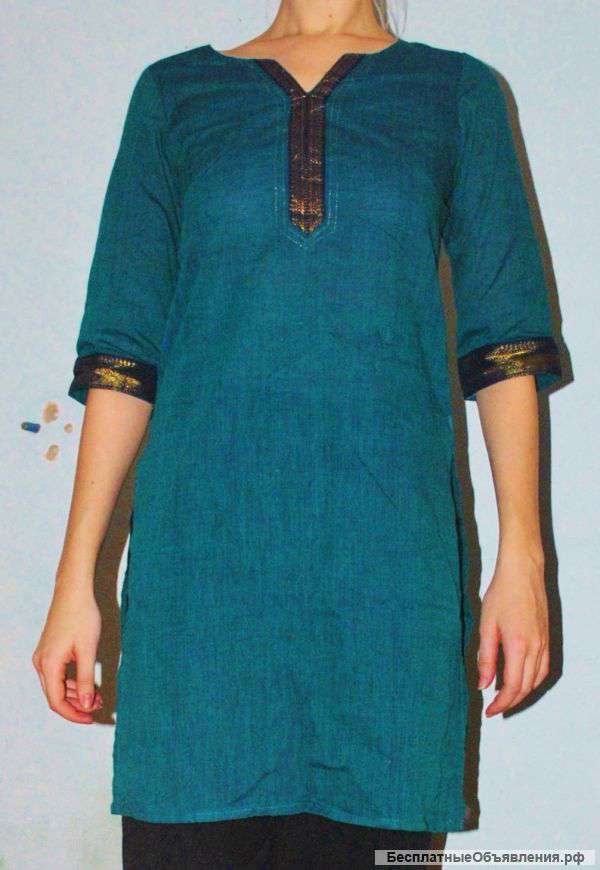 Индийская легкая туника изумрудная из натурального материала