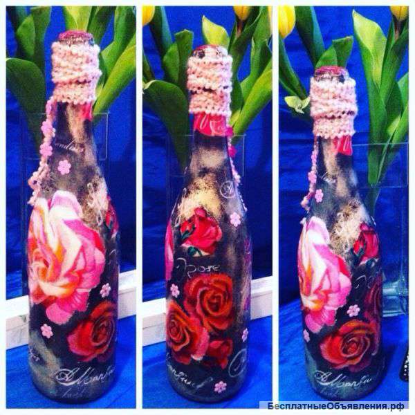 Украшение бутылочек в технике декупаж