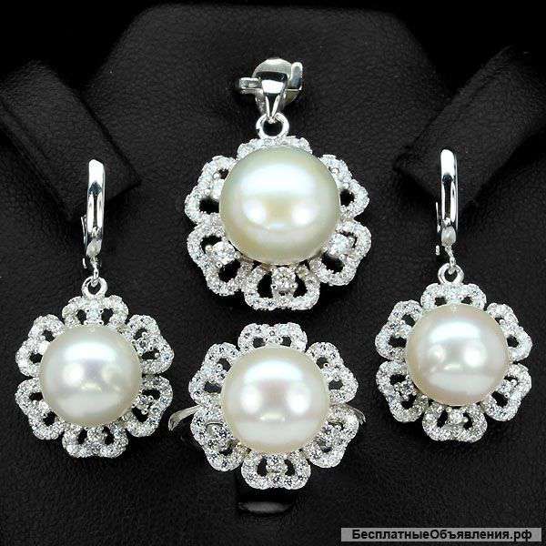 Комплект, жемчуг (природный), кубик циркония, 925 серебро