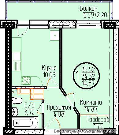 1 комн. кв, Калинина 46, дом сдан, 14/16 эт, 36.5 м/кв, 1980 т/р