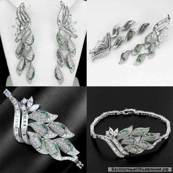 Комплект с изумрудами, кубик циркония, 925 серебро