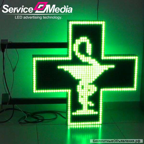 Светодиодный аптечный крест - зеленый, двухсторонний, 96*96 см